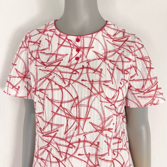 Vintage 60s Orange White Abstract Atomic Short Sleeve Shift Day Dress Large Mod - Picture 2 of 7